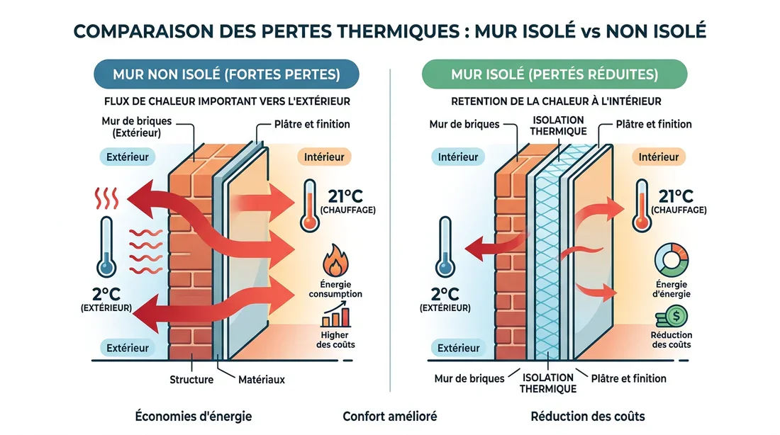 Schéma de la déperdition thermique Schéma technique de la déperdition thermique à travers un mur