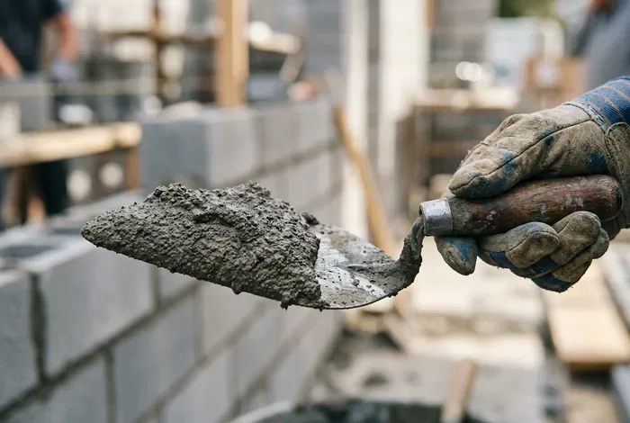 Crépir un mur parpaing : le guide complet - Comment crépir un mur en parpaing : 3 étapes clés - Comment réussir à crépir un mur parpaing sans fissures ? Gros plan sur une taloche de maçon chargée de mortier