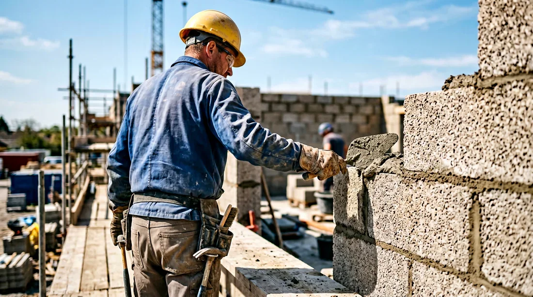 Maçon appliquant du mortier sur un mur en parpaings lors d'un chantier