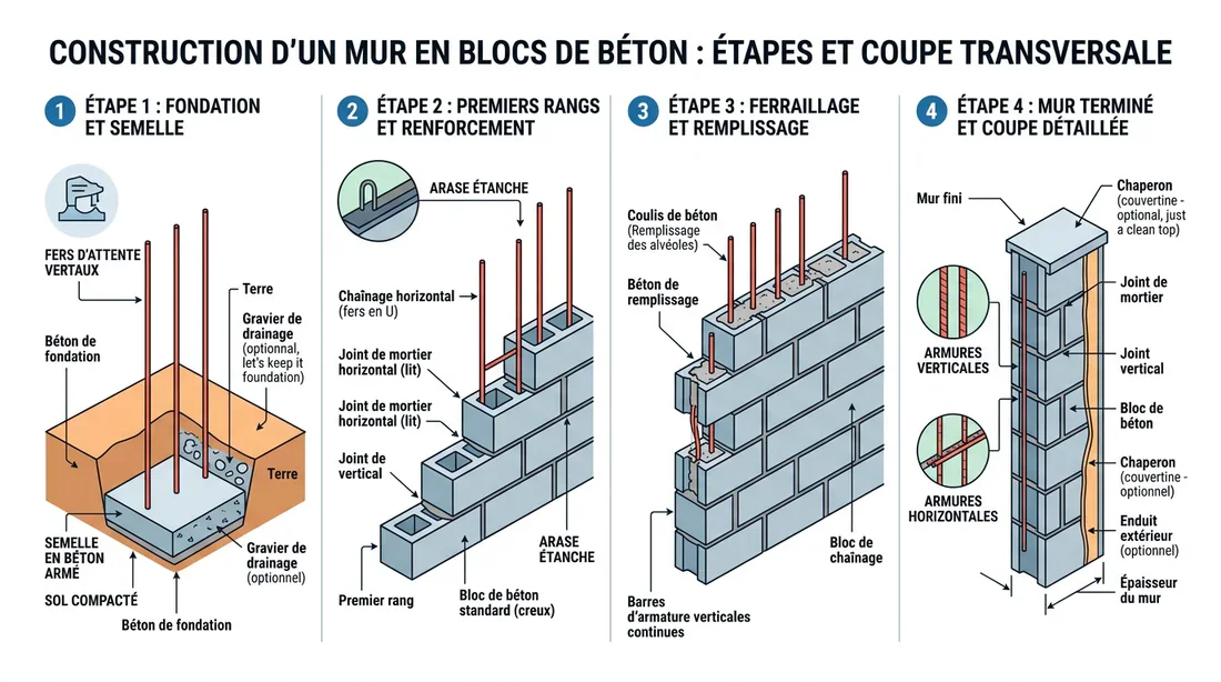 Schéma technique de la structure d'un mur en parpaings