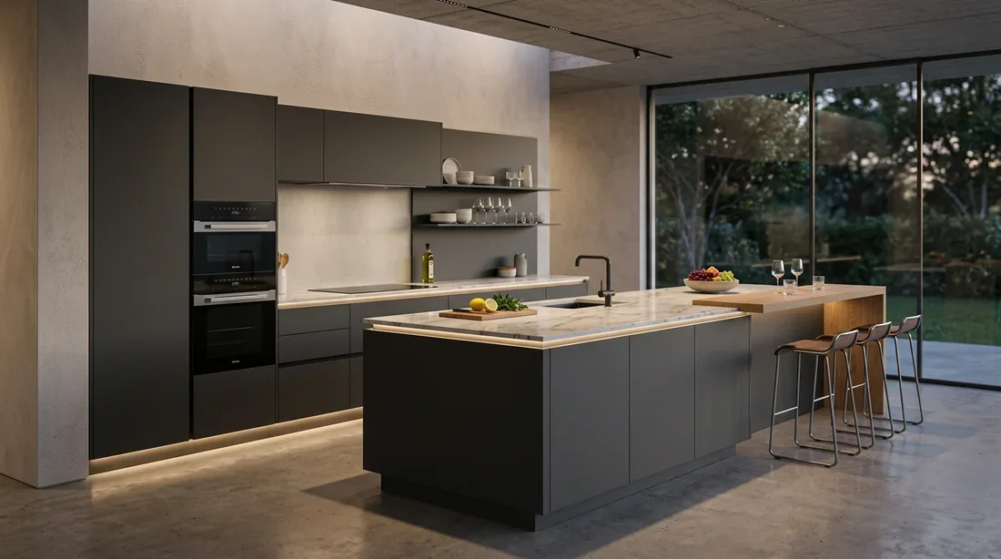 Cuisine moderne de style italien avec îlot central Cuisine moderne italienne sans poignées en Fenix gris anthracite avec îlot central et éclairage LED