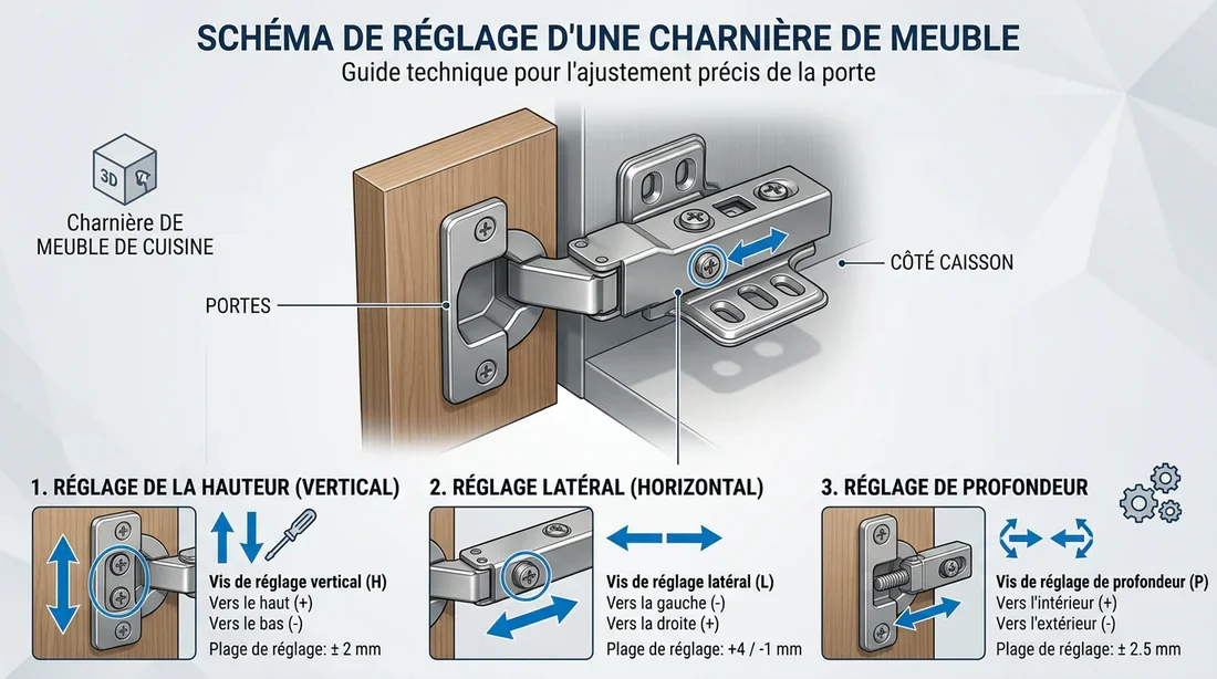 Schéma des axes de réglage d'une charnière Schéma explicatif des points de réglage tridimensionnel d'une charnière de cuisine