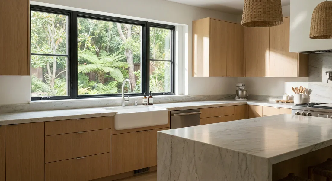 Cuisine moderne en L lumineuse avec évier blanc sous une fenêtre donnant sur le jardin.