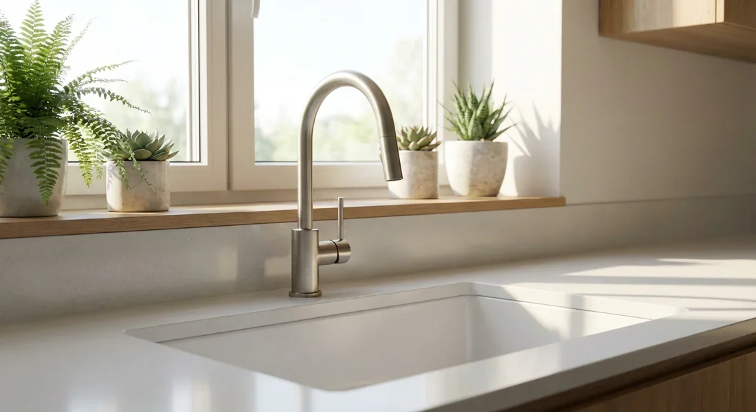 Évier blanc installé sous une fenêtre pour maximiser la lumière naturelle.