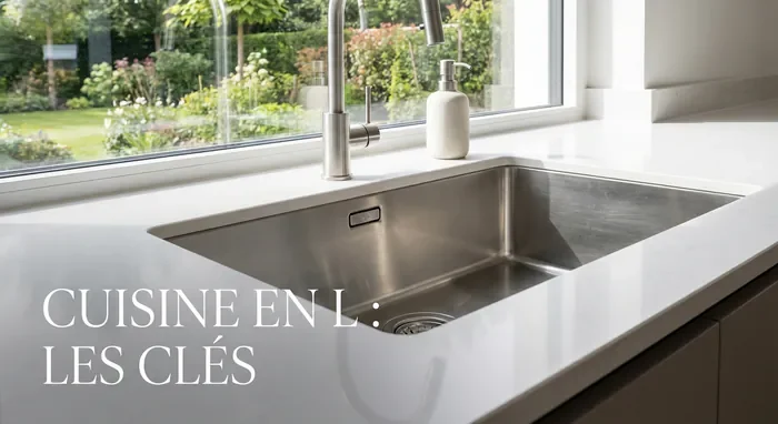 Cuisine en l avec fenetre : le guide d'aménagement - Cuisine en l avec fenetre : 5 règles d'or pour réussir - Comment aménager une cuisine en l avec fenetre ? Miniature de l'article sur les clés d'une cuisine en L réussie.
