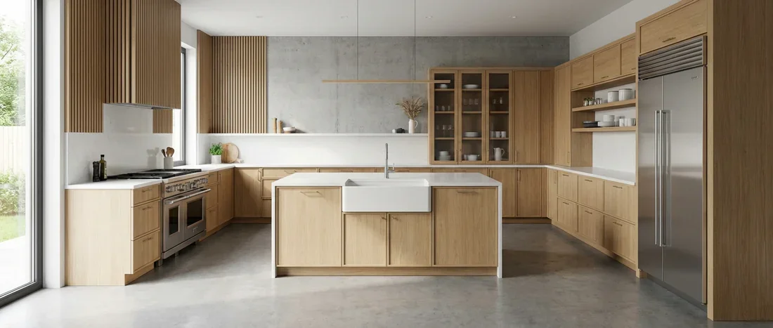 Plan de circulation ergonomique dans une cuisine en L moderne.