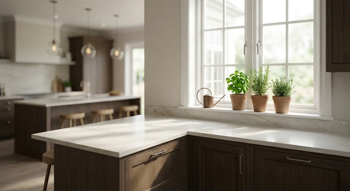 Optimisation de l'espace et lumière naturelle en cuisine Détail d'un plan de travail et d'un rebord de fenêtre dans une cuisine aménagée en U