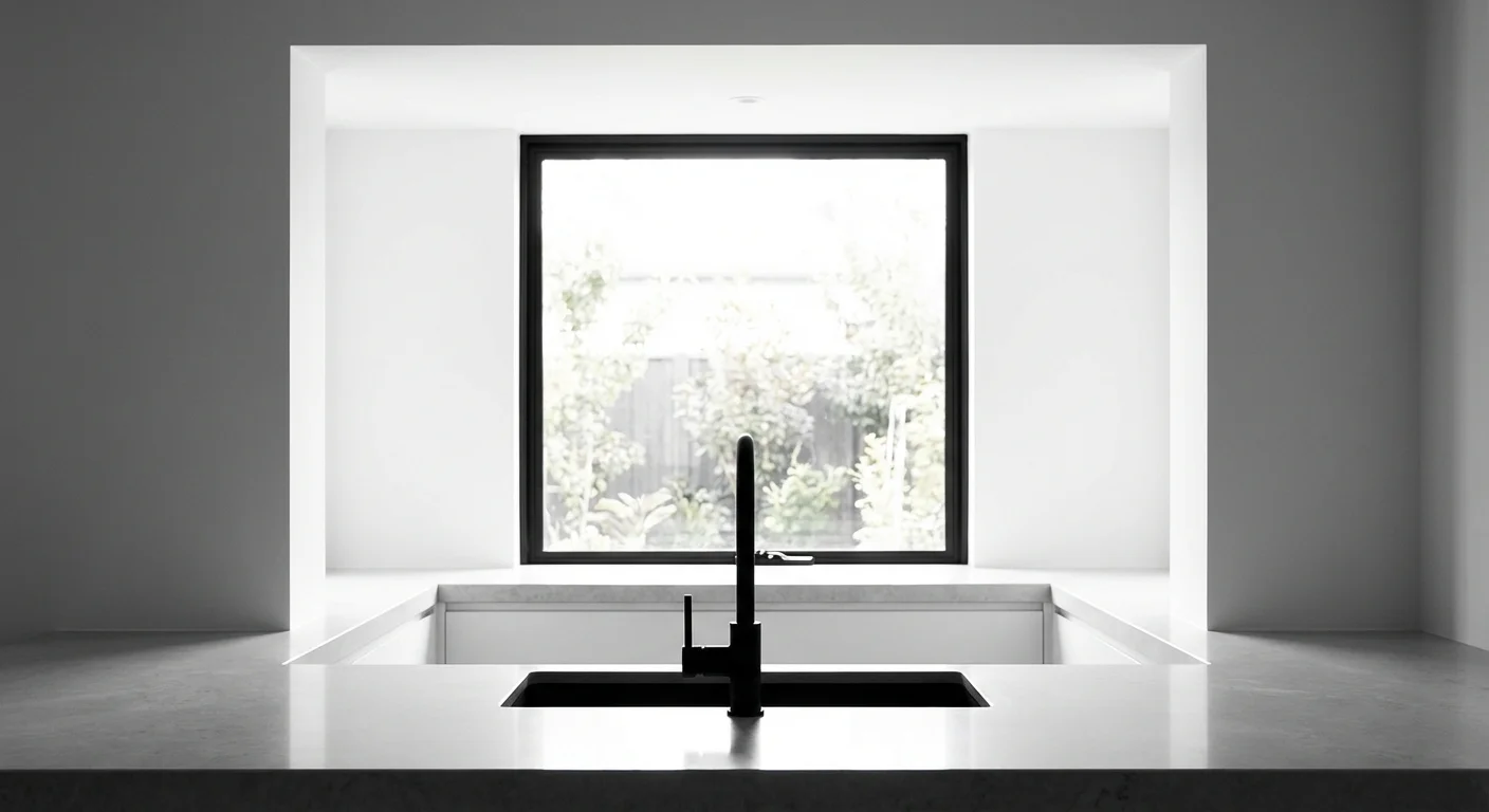 Aménager une cuisine en u avec une fenêtre idéalement Plan centré minimaliste d'un évier noir sous une fenêtre de cuisine lumineuse