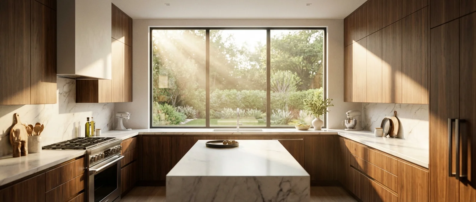 Aménagement premium d'une cuisine en U avec fenêtre panoramique Vue d'ensemble cinématographique d'une cuisine en U luxueuse avec une grande fenêtre centrale et vue sur le jardin