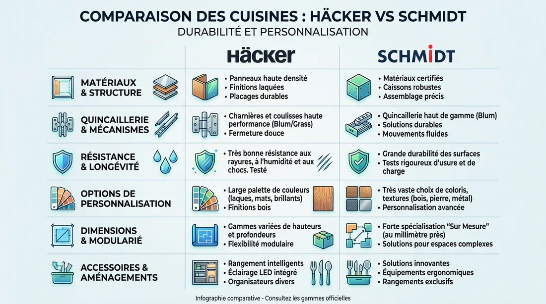 Tableau comparatif des fonctionnalités entre Häcker et Schmidt