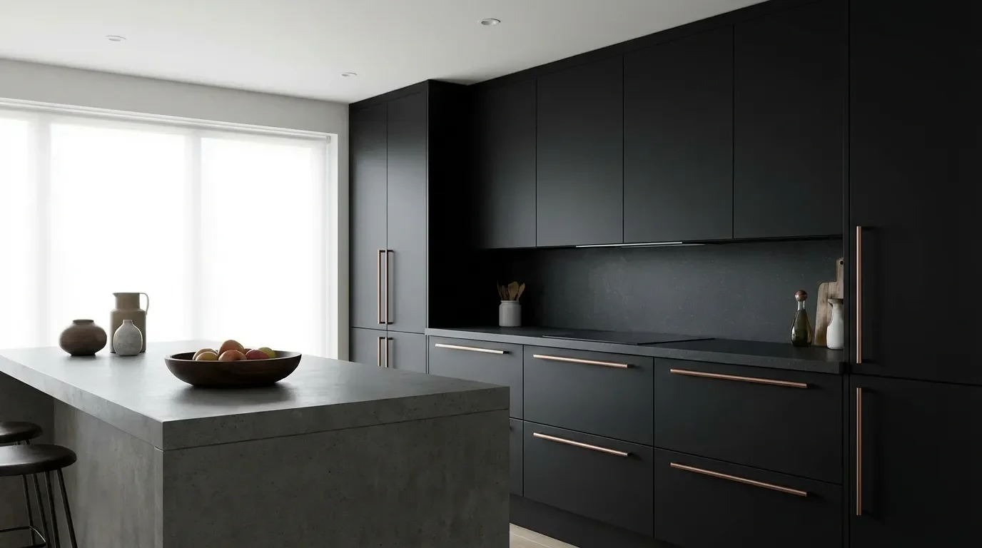 Cuisine moderne aux façades noir mat avec poignées en cuivre, illustrant l'élégance et la sobriété