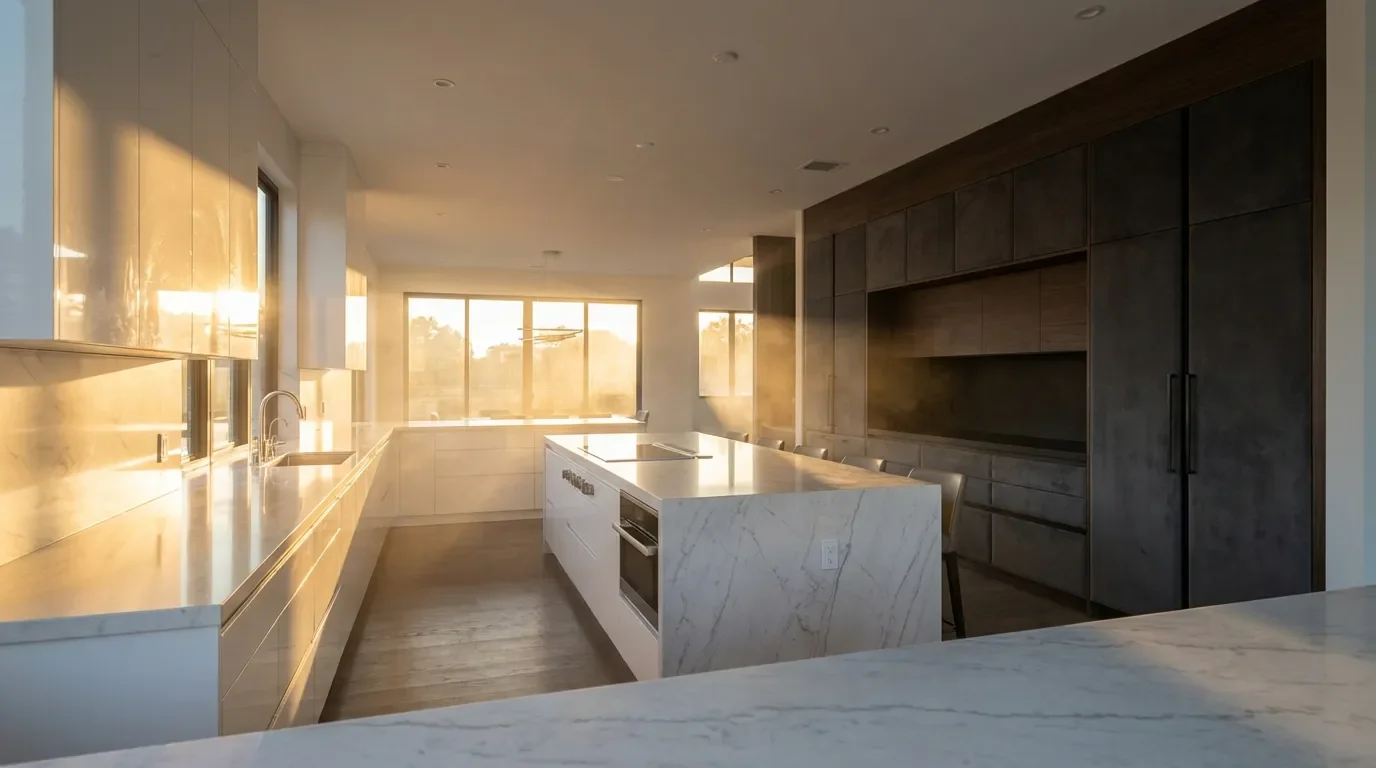 Vue panoramique d'une cuisine de luxe comparant des meubles blanc brillant à gauche et gris anthracite mat à droite