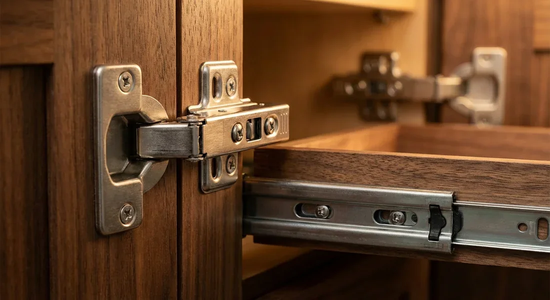 Détail technique des finitions et de la qualité des charnières de meubles de cuisine.