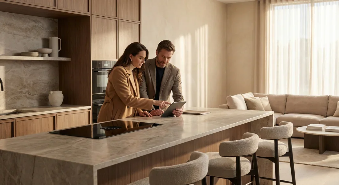 Un conseiller en cuisine accompagnant un client dans son projet de conception.