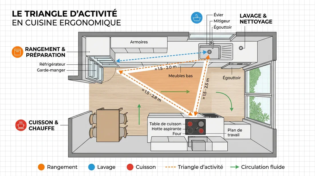 Infographie montrant le schéma du triangle d'activité pour l'ergonomie d'une cuisine.