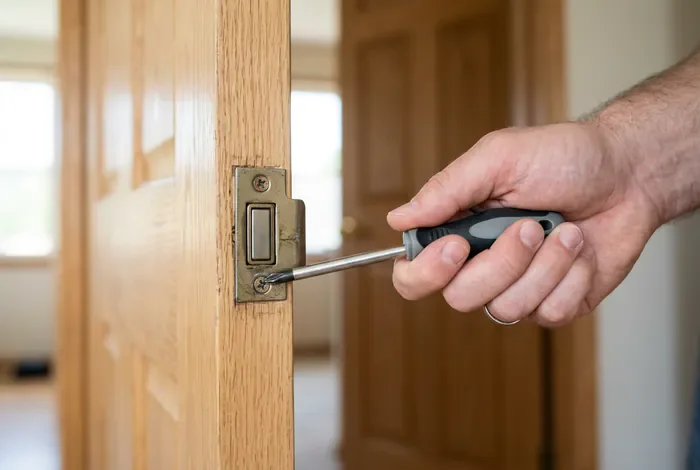Main utilisant un tournevis cruciforme pour démonter la partie métallique d'un aimant de porte en bois.