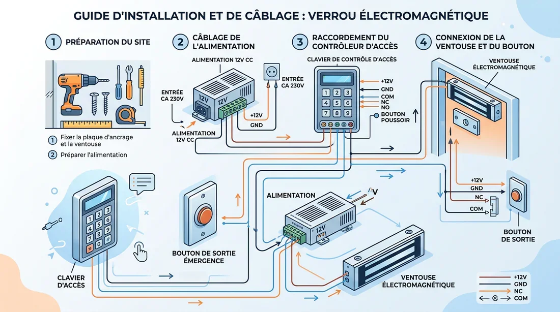 Schéma de câblage ventouse électromagnétique Schéma de câblage et d'installation d'une ventouse électromagnétique de contrôle d'accès.