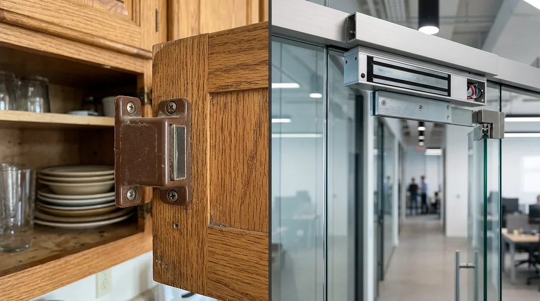 Loquet magnétique vs ventouse électromagnétique Split screen comparatif entre un loquet magnétique marron de placard de cuisine et une ventouse électromagnétique sur porte vitrée.