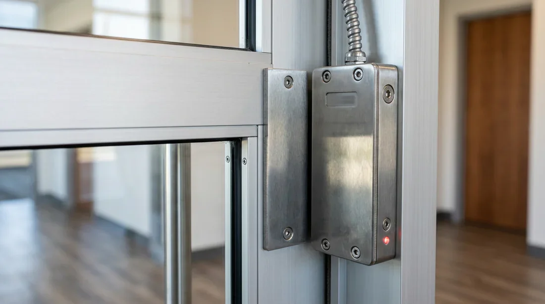 Ventouse électromagnétique pour porte de sécurité Ventouse électromagnétique professionnelle installée sur un châssis de porte.