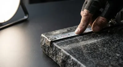 Gros plan d'une mesure précise pour la découpe d'un évier dans un plan de travail, symbolisant l'importance de la distance.