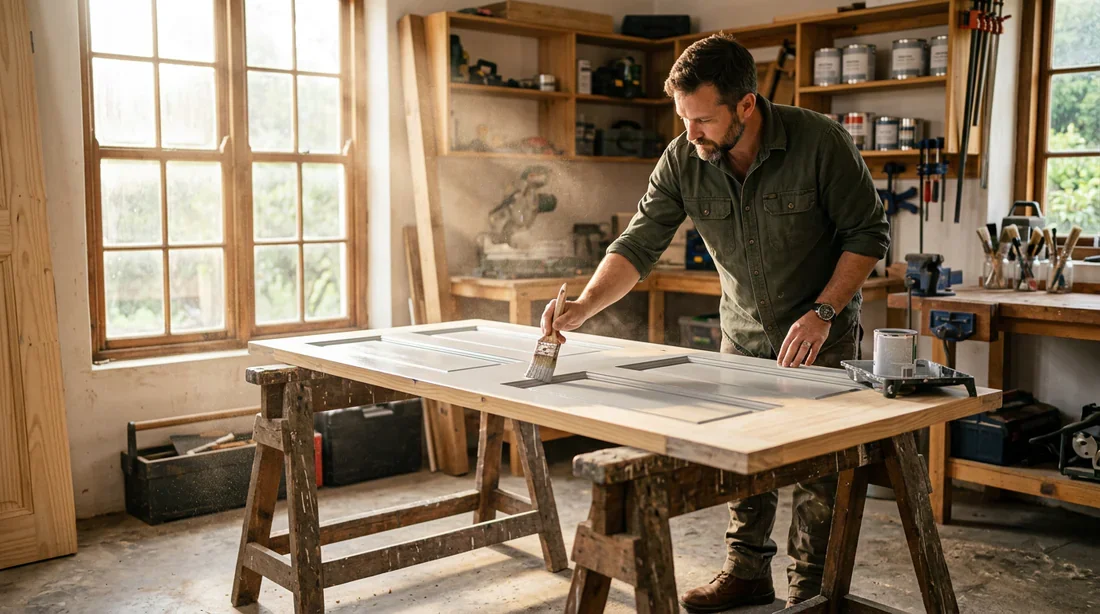 Bricoleur concentré en train de peindre une porte sur des tréteaux