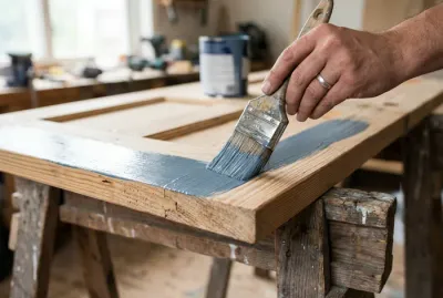 Gros plan sur la peinture d'une porte en bois