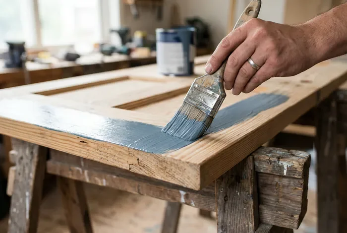Peindre une porte avant ou après la pose : la méthode pro - Peindre sa porte : avant ou après la pose ? Le guide ultime - Dois-je peindre ma porte avant ou après la pose ? La solution Gros plan sur la peinture d'une porte en bois