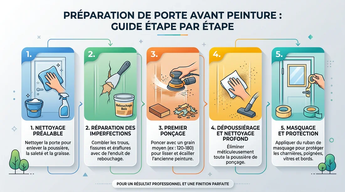 Infographie des étapes de préparation d'une porte avant peinture