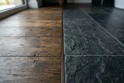 Détail de la jonction entre parquet en bois et carrelage de douche italienne