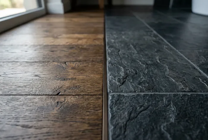 Douche italienne sur plancher bois : Guide technique - Douche italienne sur plancher bois : le guide ultime anti-fuite - Douche italienne sur plancher bois : est-ce vraiment possible ? Détail de la jonction entre parquet en bois et carrelage de douche italienne