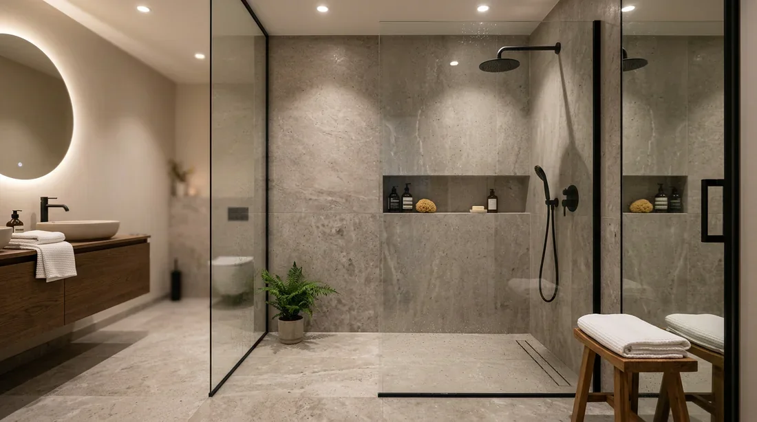 Ambiance douche à l'italienne moderne Douche à l'italienne minimaliste avec paroi en verre et carrelage pierre