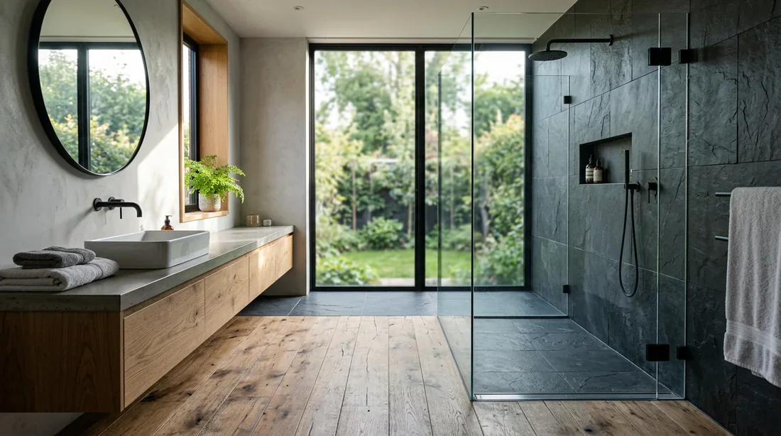 Design de salle de bain moderne : mariage bois et pierre Salle de bain moderne avec plancher en bois et douche italienne en pierre naturelle