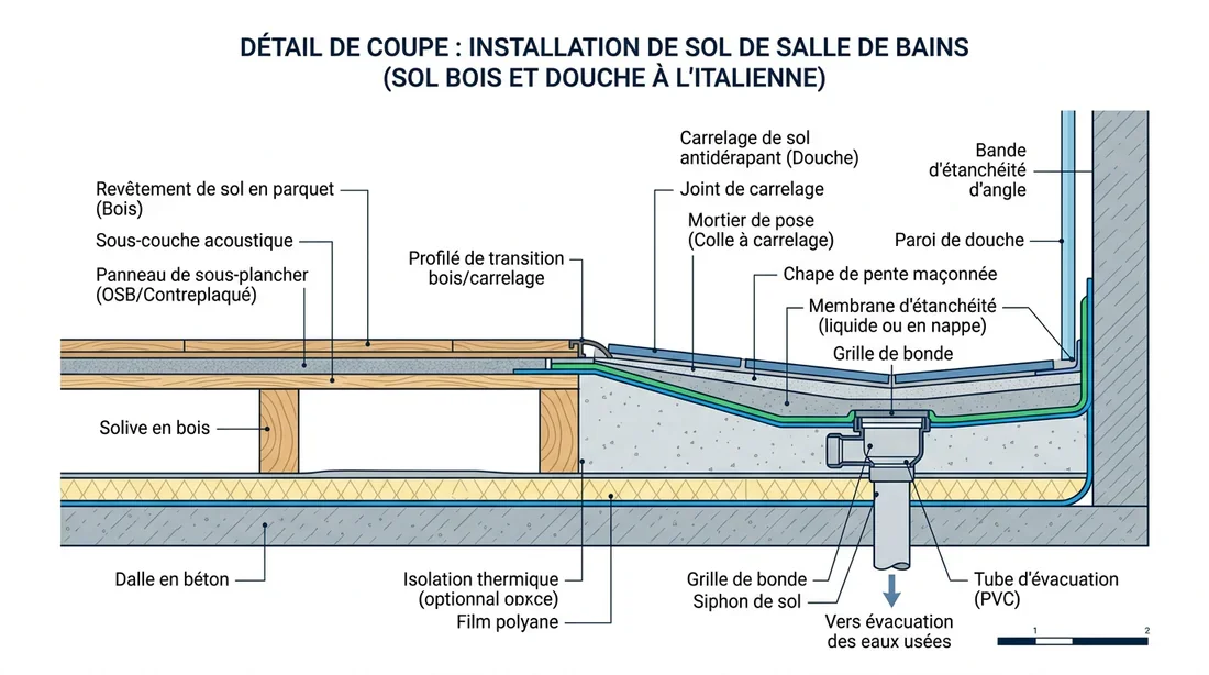 Plan de coupe technique d'une douche à l'italienne Schéma technique de pose de carrelage et parquet dans une salle de bain
