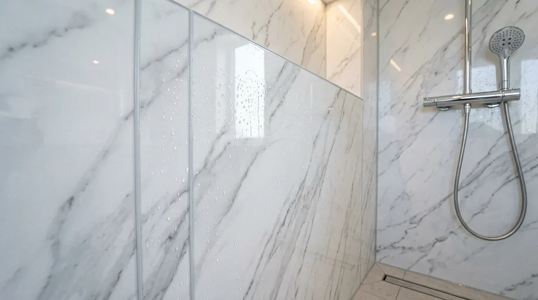 Finition impeccable d'un joint d'étanchéité sur dalles Dumawall dans une douche
