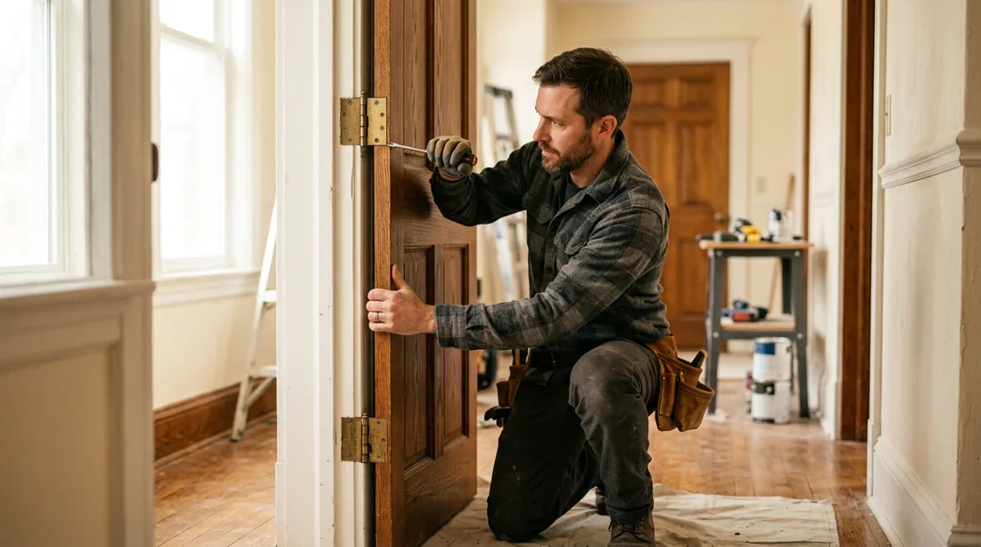 Technique de dépose d'une porte d'intérieur Artisan professionnel démontant une porte d'intérieur