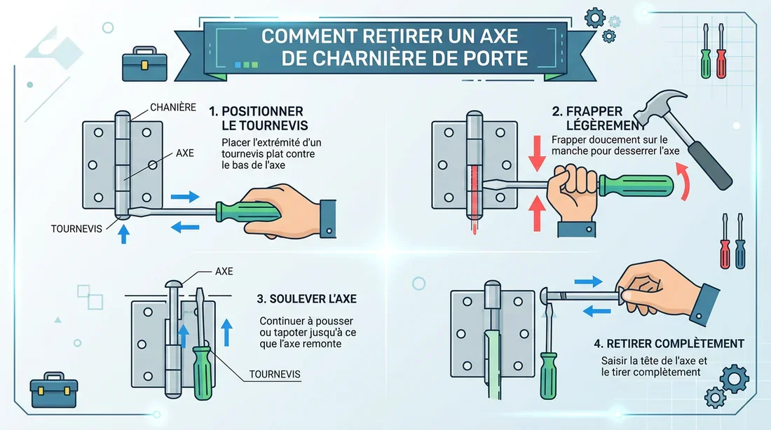 Schéma de retrait des gonds de porte Schéma technique expliquant comment retirer les gonds d'une porte