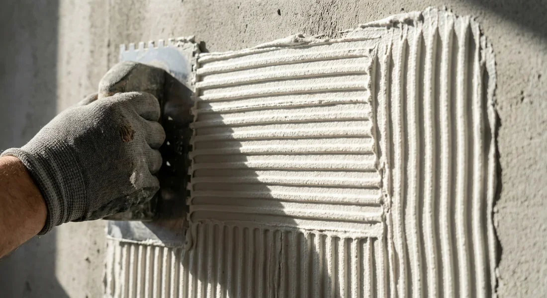 Application de colle à carrelage blanche sur un mur avec un peigne carré formant des sillons réguliers.