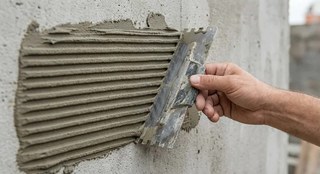 Démonstration de l'inclinaison du peigne à 45 degrés pour étaler la colle.