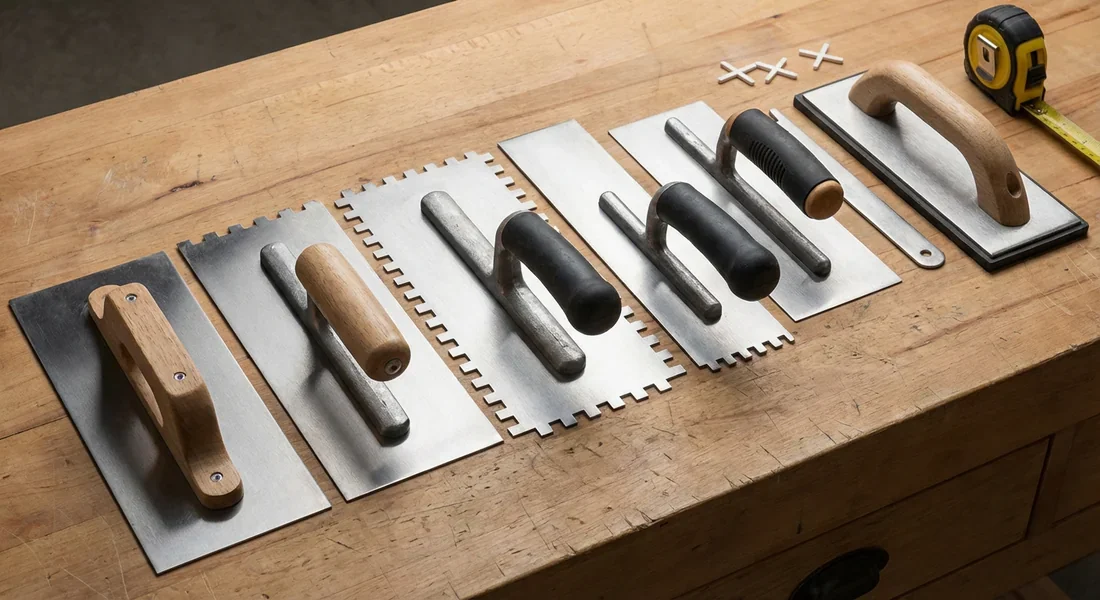 Différents types de peignes et spatules crantées pour le carrelage.