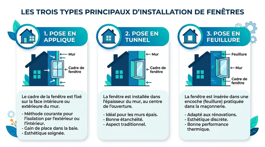 Comparatif des techniques de pose Infographie comparative des types de pose de fenêtres