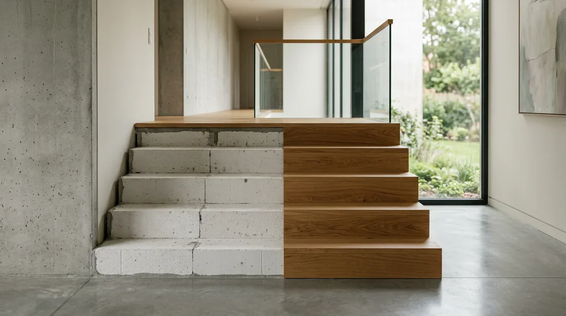 Escalier moderne en béton cellulaire en cours de finition avec revêtement en bois