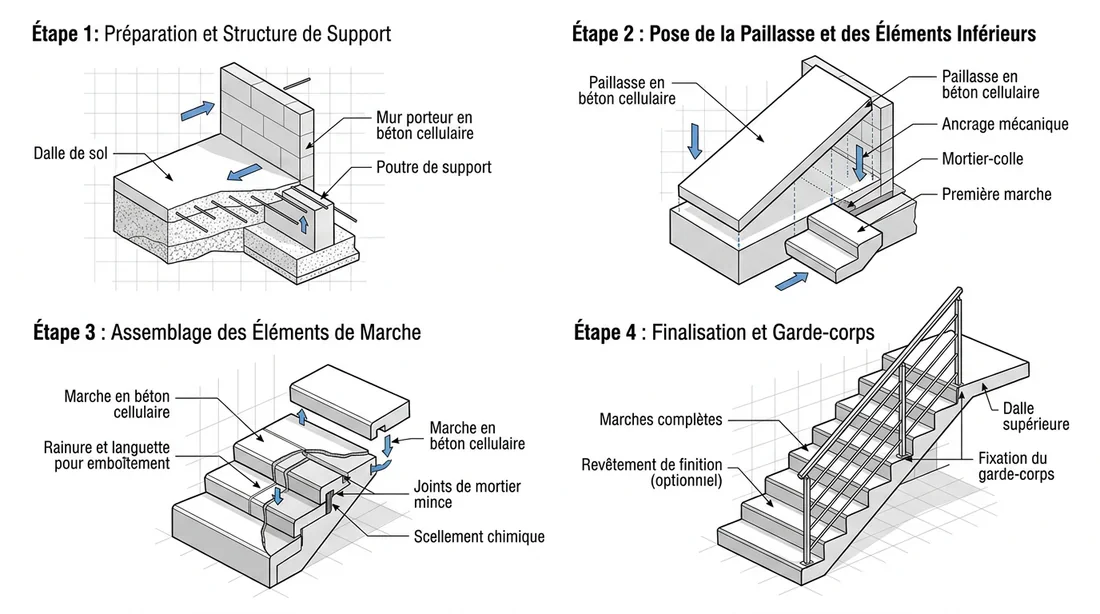 Schéma de montage d'un escalier en béton cellulaire