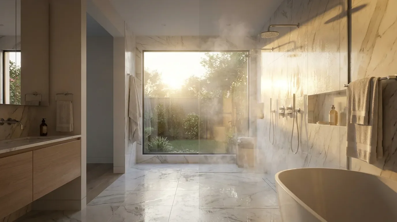 Douche italienne avec fenêtre lumineuse Salle de bain design avec une grande fenêtre intégrée dans la douche à l'italienne lumineuse