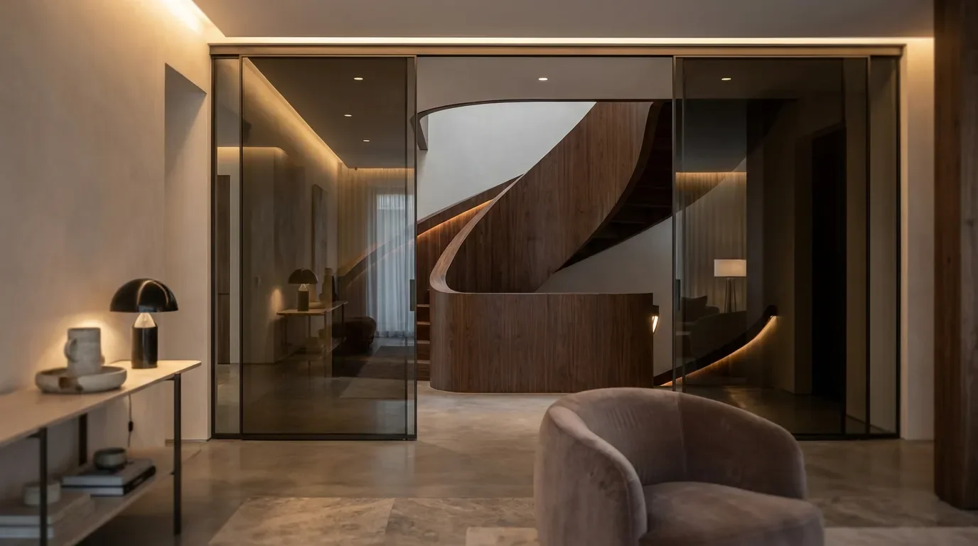 Design moderne escalier fermé porte vitrée Intérieur moderne et luxueux montrant un escalier en bois fermé par une élégante porte vitrée coulissante