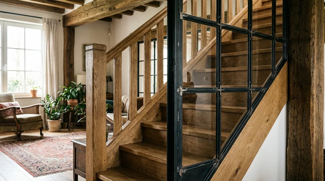 Porte style verrière pour escalier Porte de style industriel verrière atelier en métal noir fermant l'accès à un escalier