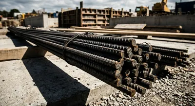 Gros plan contrasté de barres d'acier pour le ferraillage d'un linteau.