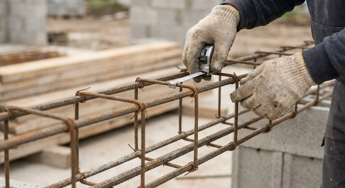 Main d'un artisan vérifiant l'espacement des cadres en acier d'un linteau de 3m.