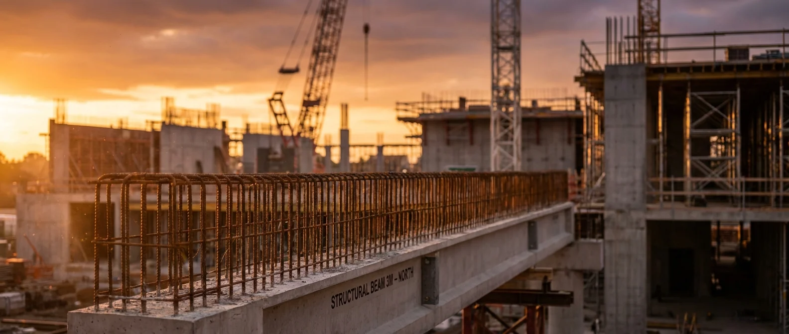 Vue cinématique d'un linteau de 3 mètres avec son armature en acier sur un chantier de maison moderne.