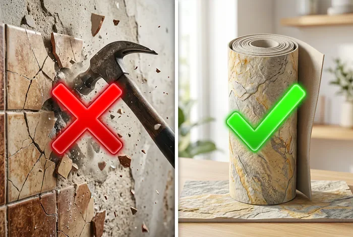 Comparatif entre cassage de vieux carrelage et pose facile de feuille de pierre