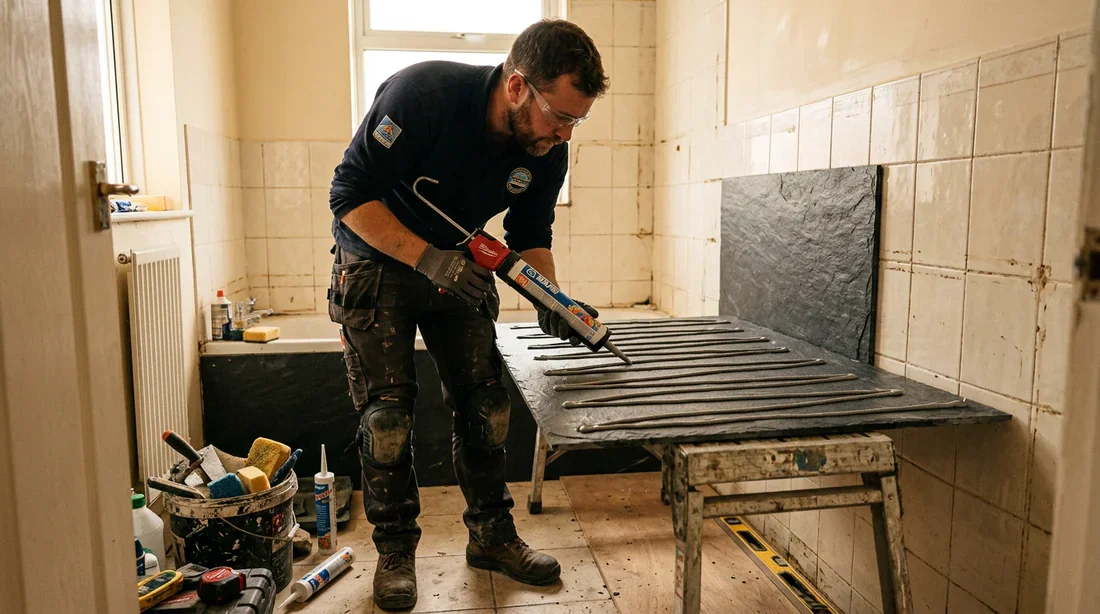 Pose d'une feuille de pierre directement sur un ancien carrelage de douche